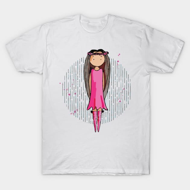 Cute bohemian girly girl with very long brown hair and a pink dress T-Shirt by Sissely